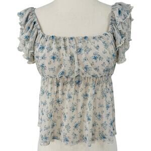 Y2K‎ Babydoll Floral Top Womens Size XS White Blue Milkmaid Feminine Romantic